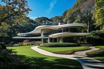 Contemporary house with curved glass architecture in lush greenery