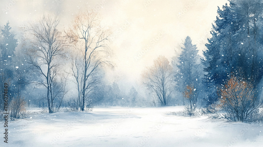 Poster winter landscape with soft snowfall and serene trees in a quiet forest setting