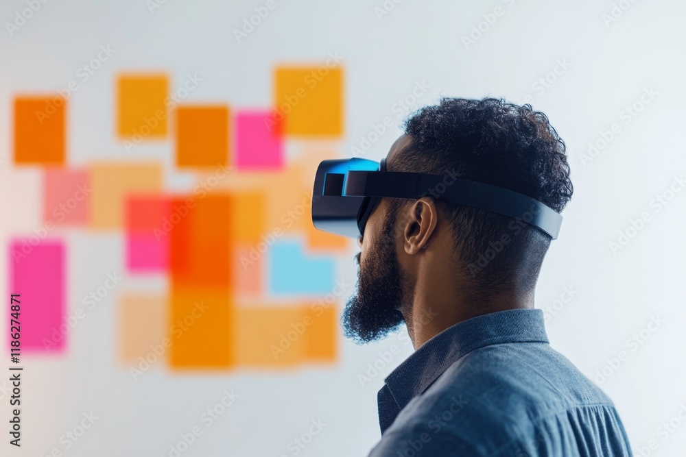 Poster engaging in virtual reality exploration with vibrant post-it notes in the background at a creative w
