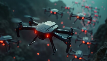 Swarm of combat drones in aerial attack. Advanced tech in military affairs. Drones fly in coordinated formation. Futuristic tech, strategic military operation. Lethal force, precise assault. Unmanned