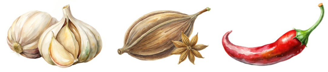Fresh garlic bulbs, aromatic spices, vibrant red chili, watercolor illustration, culinary art, food design.