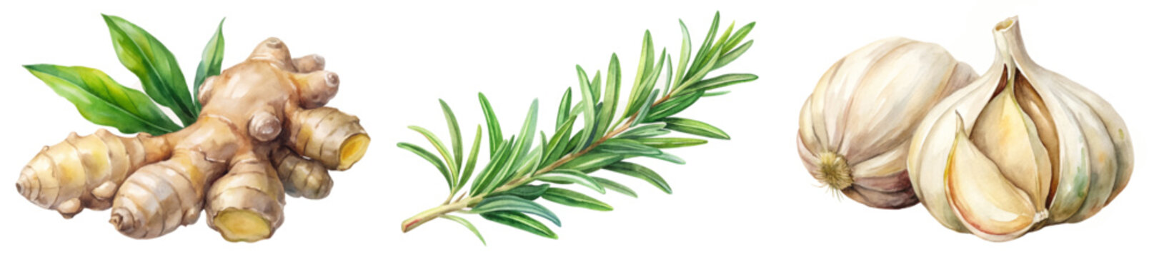 Fresh ginger root, aromatic rosemary sprig, garlic cloves, vibrant watercolor style, culinary herbs, natural ingredients.