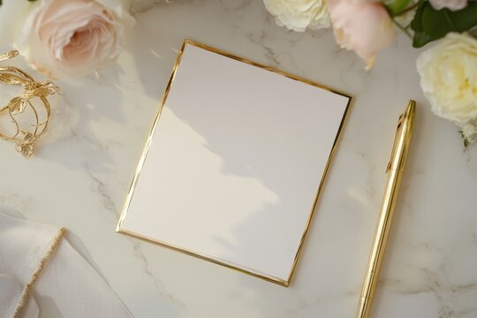 Elegant Wedding Invitation Card on Marble Table Surrounded by Delicate Flowers and a Gold Pen