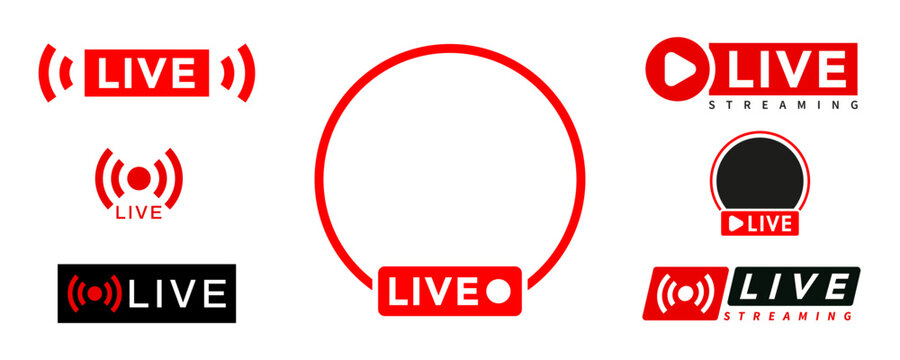 Live streaming icon set. Social media, broadcast, blog, live shows, news, live stream, red, frame, and video content flat icon. Vector illustration with transparent background.