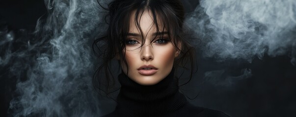 Confident woman exuding mystique with smoke curling around her face, wearing a black turtleneck, set against a dark background. Portrait and fashion