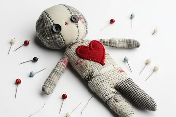 Quirky Voodoo Doll With Patchwork Fabric and Scattered Pins on White Backdrop