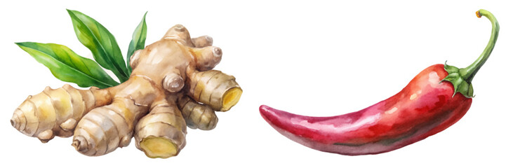 Fresh ginger root, vibrant chili pepper, watercolor style, botanical illustration, culinary ingredients, natural colors, food art.