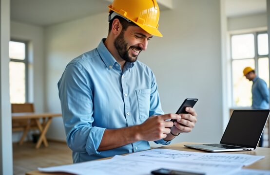Architect uses smartphone on construction site. Reviews blueprints. Happy man works with mobile phone inspecting building plans. Pro uses tech for work. Contractor, employee work together. Project