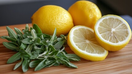 Fresh herbs and lemon slices casually arranged on a clean surface, creating a natural and refreshing look. Perfect for culinary, healthy lifestyle, and organic food themes.