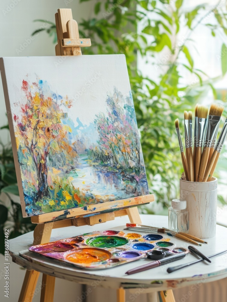 Poster colorful artistic workspace with easel and vibrant paint palette full of hues in a bright studio. ge