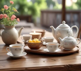 Fototapeta premium A delicate tea set on a wooden table with soft focus and blurred background, refinement, soft focus, wood decor