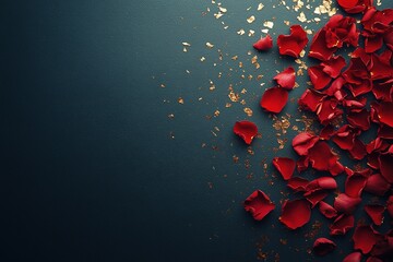 Luxurious background with scattered red rose petals and metallic gold accents, perfect for romantic occasions and elegant text overlays