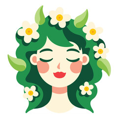 A vibrant digital design of a serene woman with green hair adorned with flowers and leaves, embodying nature's beauty and calmness. Ideal for concepts of eco-friendly living, harmony