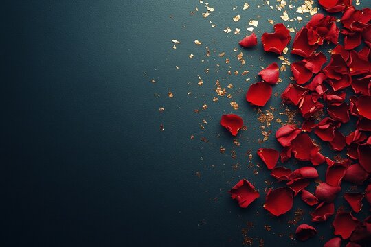Luxurious background with scattered red rose petals and metallic gold accents, perfect for romantic occasions and elegant text overlays