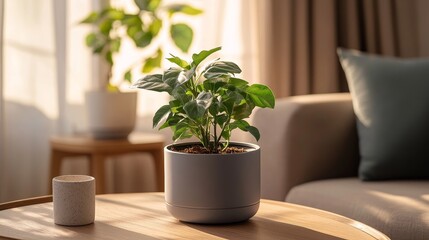 Elegant green indoor plant in a stylish grey pot, adding a modern and minimalist touch to home or office decor. Perfect for interior design and botanical themes.