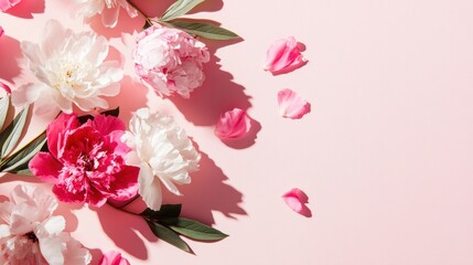 Soft pink peonies and scattered petals exude beauty and elegance on a gentle pink background, creating a tranquil atmosphere