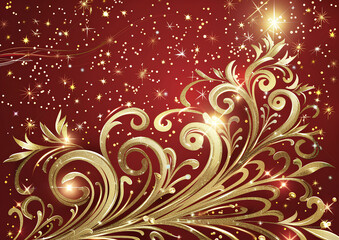 golden Christmas tree with starry swirls and glittering stars on a red background, a vector presentation design.