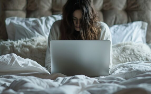 Young woman working on laptop lying in bed. Good enough, low expectations concept. Acceptable, sufficient, average, satisfactory, decent, fair, minimal, mediocre, ordinary lifestyle