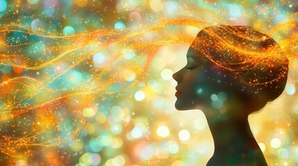 Woman with Glowing Particle Trails, Evokes Meditation, Mindfulness, and Cosmic Connections,