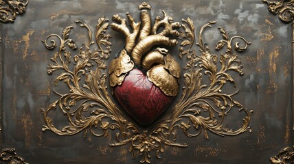 Vintage posh gorgeous luxury ornate anatomical red heart shape gold golden decoration