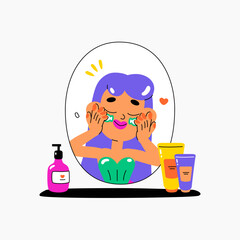 Skincare routine with woman applying facial cream in front of mirror, surrounded by skincare bottles. Flat vector illustration about beauty, and personal care, isolated on white background