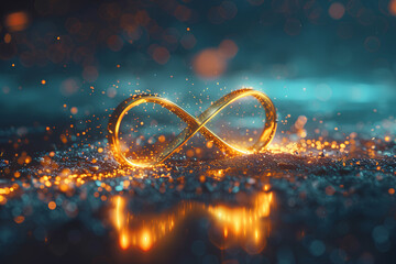 Golden infinity symbol glowing on a dark background, with a light trail effect.