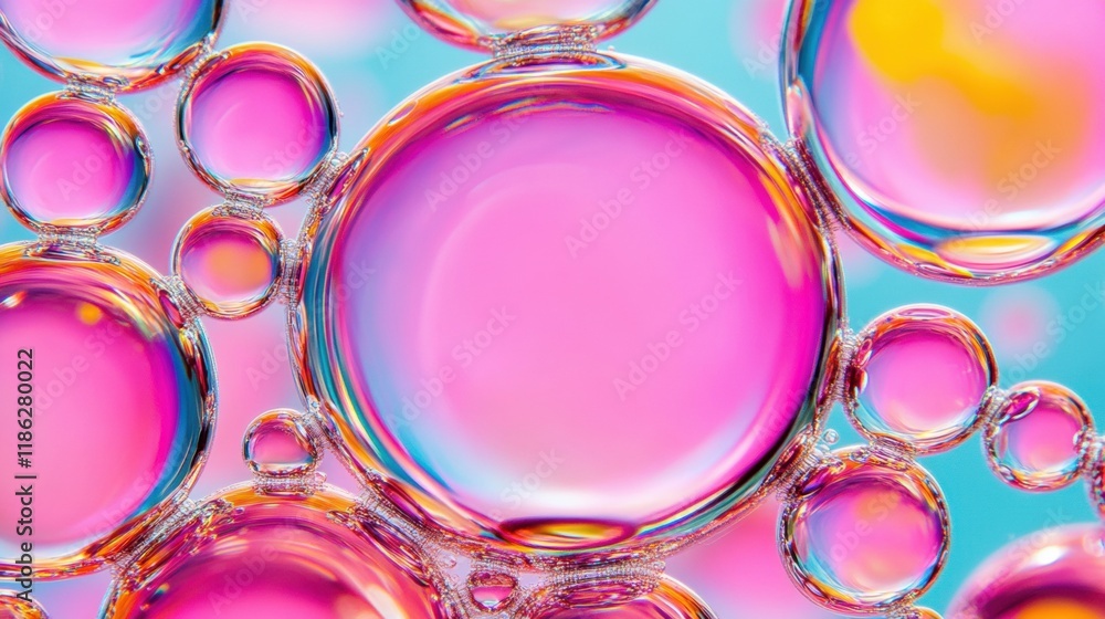 Poster bright pink bubbles suspended in clear liquid showcase intricate details and reflections, creating a