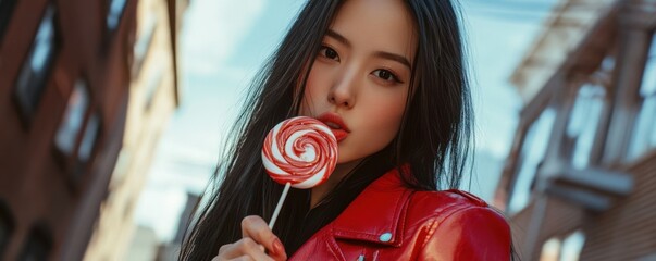 Cool Asian Woman with Long Black Hair and Red Leather Jacket Enjoying Lollipop in Urban Setting