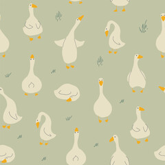 Goose Seamless Pattern. Cute Cartoon geese, Vector Illustration Background.