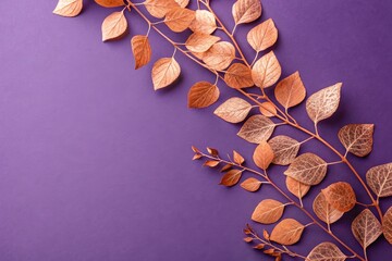 A delicate arrangement of orange metallic leaves on a rich violet background with delicate wisps and subtle texture, artistic rendering, violet background, leaf arrangement, autumnal theme