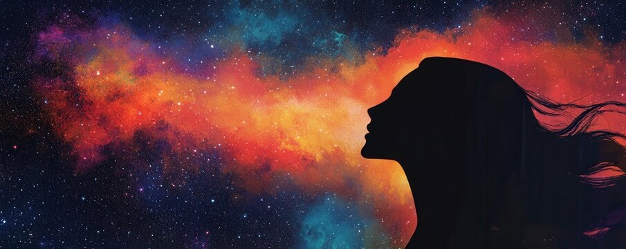Cosmic silhouette, stars, galaxy, nebula, dream, universe, contemplation, space, woman, night sky, colorful background, imagination, beauty, inspiration, serenity, wonder, fantasy, astrological