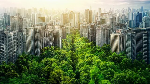 Urban landscape merges with lush greenery in a vibrant city skyline at dawn showcasing nature and development