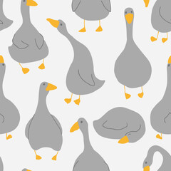 Goose Seamless Pattern. Cute Cartoon geese, Vector Illustration Background.