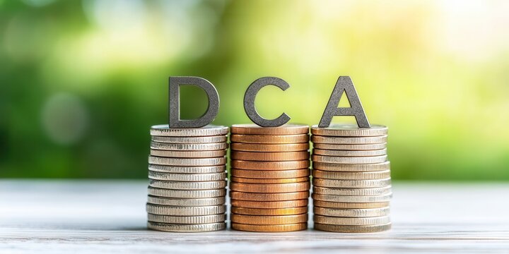DCA wooden block concept. The image features stacked coins with the letters "DCA" prominently displayed, symbolizing Dollar Cost Averaging in finance and investing.