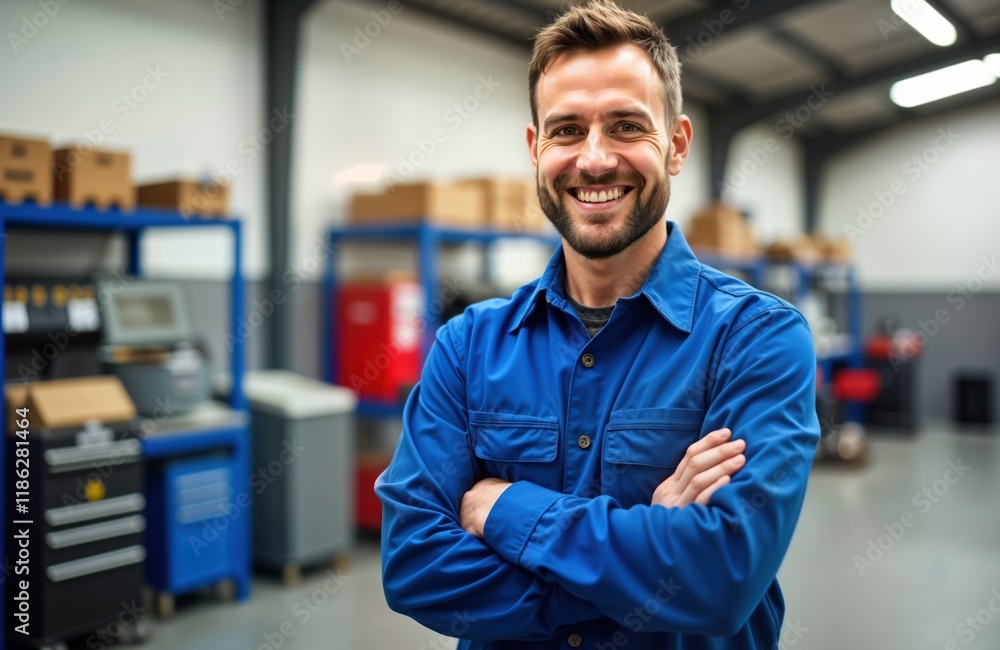Aufkleber smiling mechanic in workshop. happy technician with arms crossed. professional man looks confident. 