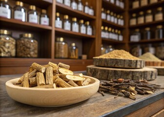 Fototapeta premium Authentic herbal medicine scene with sliced astragalus and traditional remedies