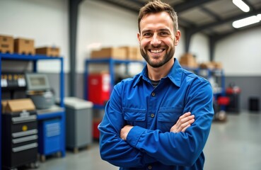 Fototapeta premium Smiling mechanic in workshop. Happy technician with arms crossed. Professional man looks confident. Industrial setting. Maintenance expert. Auto repair facility. Engine servicing. Automotive