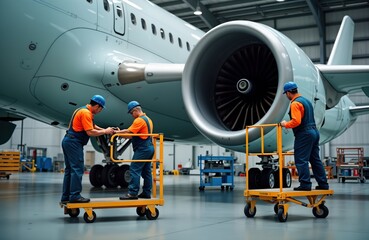 Aviation technicians work on plane engine in hangar. Fix parts of aircraft engine. Aircraft maintenance in progress. Experts wearing protective gear inspect, repair plane. Modern tech in aerospace