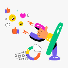 Hand holding a magnet attracting social media engagement icons such as likes, hearts, and emojis. Flat vector illustration about digital marketing, content promotion, and online influence.