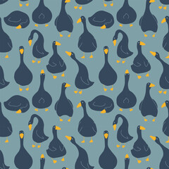 Goose Seamless Pattern. Cute Cartoon geese, Vector Illustration Background.