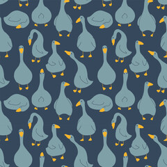 Goose Seamless Pattern. Cute Cartoon geese, Vector Illustration Background.