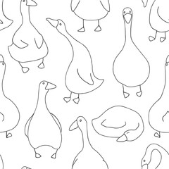 Goose Seamless Pattern. Cute Cartoon geese, Vector Illustration Background.