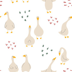 Goose Seamless Pattern. Cute Cartoon geese, Vector Illustration Background.