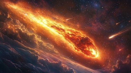 Illustration - Cosmic Inferno, Meteor Shower, Fiery Asteroid Impact, Outer Space Artwork
