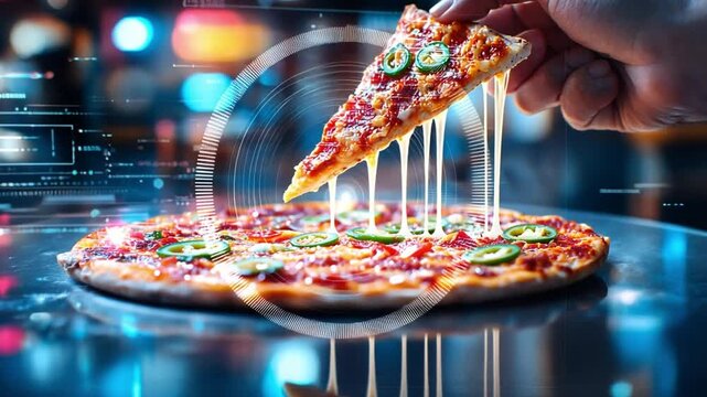 Delicious cheesy pizza with fresh toppings being pulled from a vibrant, digital-themed background