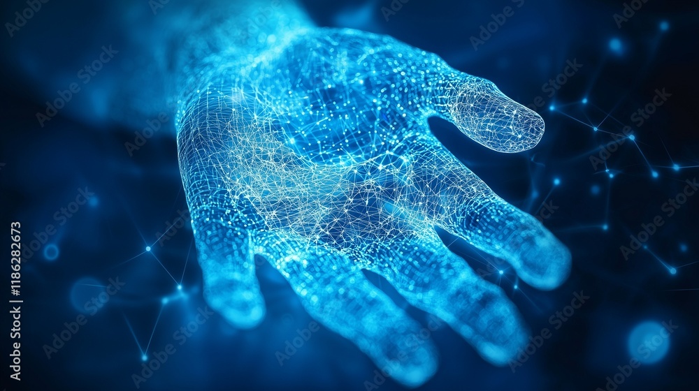 Poster digital hand represents secure identity verification and technological advancement.