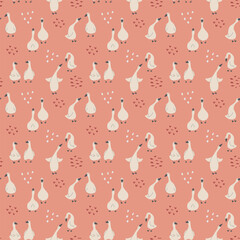 Goose Seamless Pattern. Cute Cartoon geese, Vector Illustration Background.