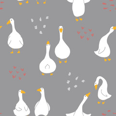 Goose Seamless Pattern. Cute Cartoon geese, Vector Illustration Background.