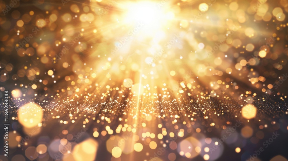 Poster golden rays burst forth with sparkling particles, creating an enchanting atmosphere against a dark b