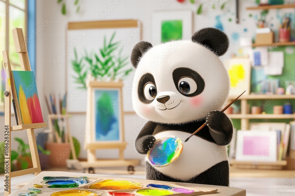 Aufkleber panda painting creatively with a palette and brush in an art studio filled with colorful artwork. ge